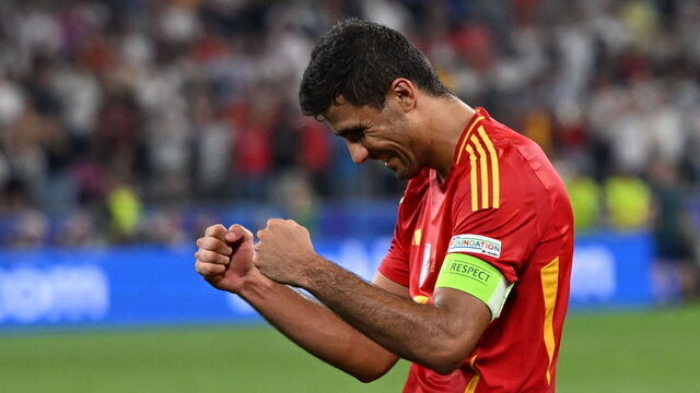 MUNICH, GERMANY - JULY 09: Rodri Hernandez of Spain celebrates after the victory in the UEFA Euro 2024 semi-final football match between Spain and France at the Munich Football Arena in Munich on July 9, 2024.