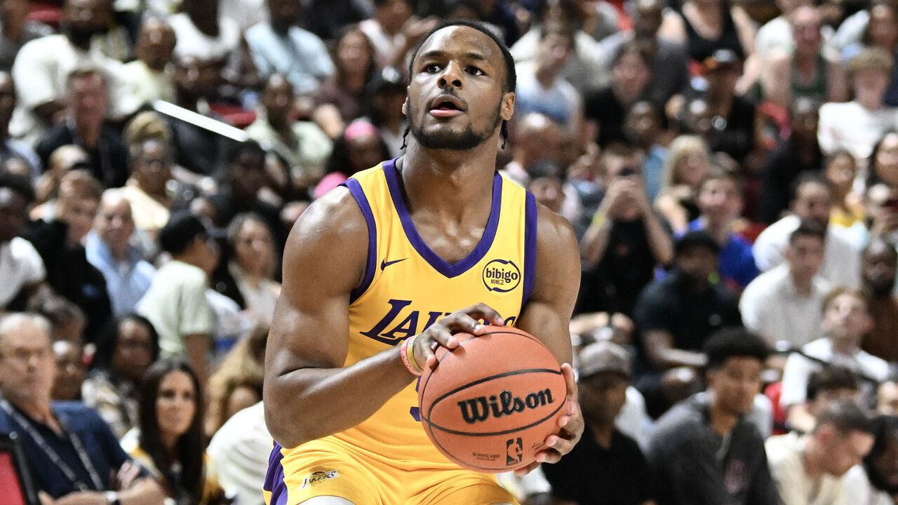 LAS VEGAS, NEVADA - JULY 12: Bronny James Jr. #9 of the Los Angeles Lakers takes a shot against the Houston Rockets in the first half of a 2024 NBA Summer League game at the Thomas & Mack Center on July 12, 2024 in Las Vegas, Nevada. The Rockets defeated the Lakers 99-80.