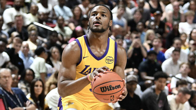 LAS VEGAS, NEVADA - JULY 12: Bronny James Jr. #9 of the Los Angeles Lakers takes a shot against the Houston Rockets in the first half of a 2024 NBA Summer League game at the Thomas & Mack Center on July 12, 2024 in Las Vegas, Nevada. The Rockets defeated the Lakers 99-80.