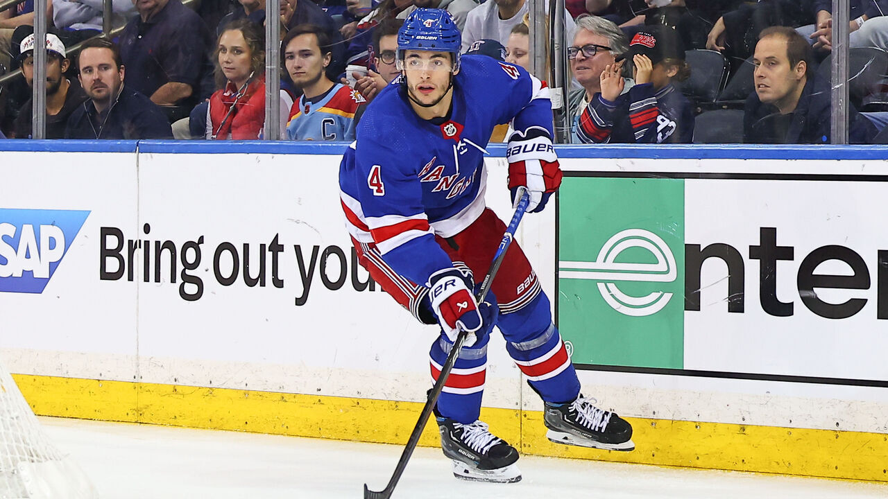 NEW YORK, NY - MAY 30: Braden Schneider #4 of the New York Rangers skates during the National Hockey League Eastern Conference Final game 5 against the Florida Panthers on May 30, 2024 at Madison Square Garden in New York.