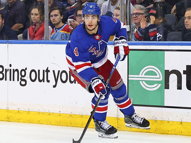 NEW YORK, NY - MAY 30: Braden Schneider #4 of the New York Rangers skates during the National Hockey League Eastern Conference Final game 5 against the Florida Panthers on May 30, 2024 at Madison Square Garden in New York.