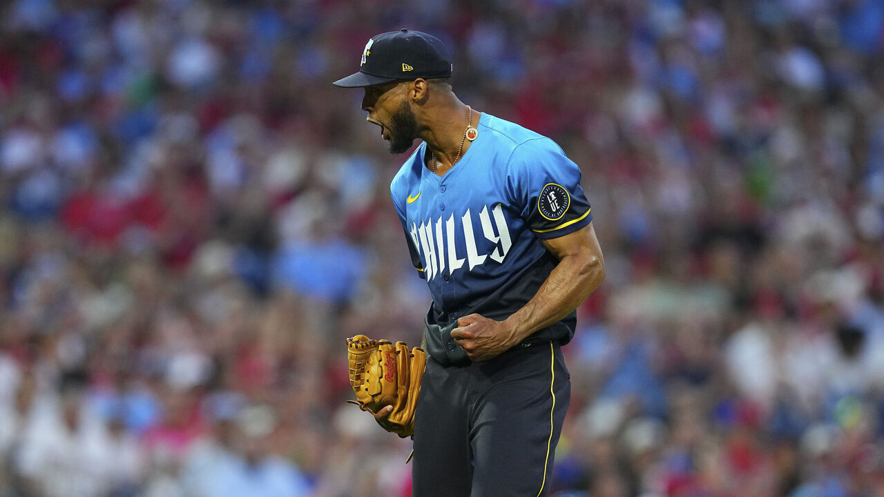 PHILADELPHIA, PENNSYLVANIA - JUNE 28: Cristopher Sanchez #61 of the Philadelphia Phillies reacts against the Miami Marlins at Citizens Bank Park on June 28, 2024 in Philadelphia, Pennsylvania. The Phillies defeated the Marlins 2-0.