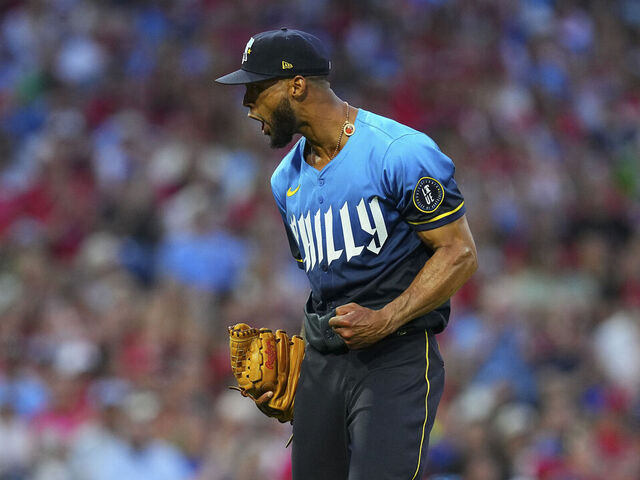 PHILADELPHIA, PENNSYLVANIA - JUNE 28: Cristopher Sanchez #61 of the Philadelphia Phillies reacts against the Miami Marlins at Citizens Bank Park on June 28, 2024 in Philadelphia, Pennsylvania. The Phillies defeated the Marlins 2-0.