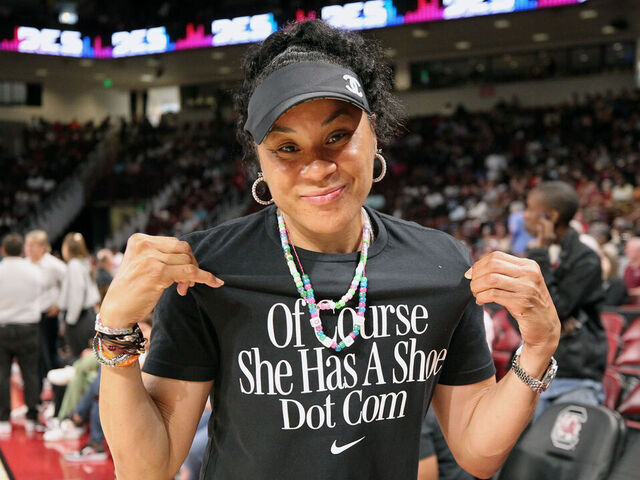 COLUMBIA, SC - MAY 11: Dawn Staley attends the game between the Puerto Rico National Team and Las Vegas Aces during the WNBA Preseason Game on May 11, 2024 at Colonial Life Arena in Columbia, South Carolina. Mandatory Copyright Notice: Copyright 2024 NBAE