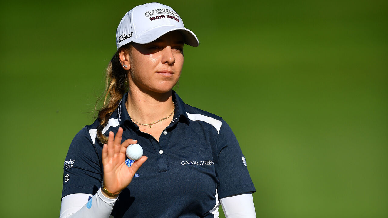EVIAN-LES-BAINS, FRANCE - JULY 13: Stephanie Kyriacou of Australia reacts during the third round of the Amundi Evian Championship at Evian Resort Golf Club on July 13, 2024 in Evian-les-Bains, France.