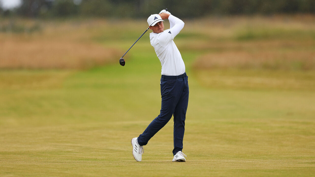 NORTH BERWICK, SCOTLAND - JULY 13: (EDITORS NOTE: This Image Is Part Of A Swing Sequence) Ludvig Aberg of Sweden plays his second shot on the 16th hole, frame 11 of 12, during day three of the Genesis Scottish Open at The Renaissance Club on July 13, 2024 in North Berwick, Scotland.