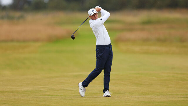 NORTH BERWICK, SCOTLAND - JULY 13: (EDITORS NOTE: This Image Is Part Of A Swing Sequence) Ludvig Aberg of Sweden plays his second shot on the 16th hole, frame 11 of 12, during day three of the Genesis Scottish Open at The Renaissance Club on July 13, 2024 in North Berwick, Scotland.