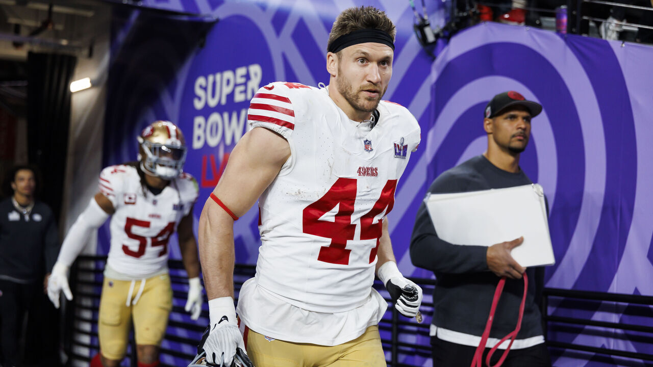 LAS VEGAS, NEVADA - FEBRUARY 11: Kyle Juszczyk #44 of the San Francisco 49ers enters the field after halftime during Super Bowl LVIII against the Kansas City Chiefs at Allegiant Stadium on February 11, 2024 in Las Vegas, Nevada.