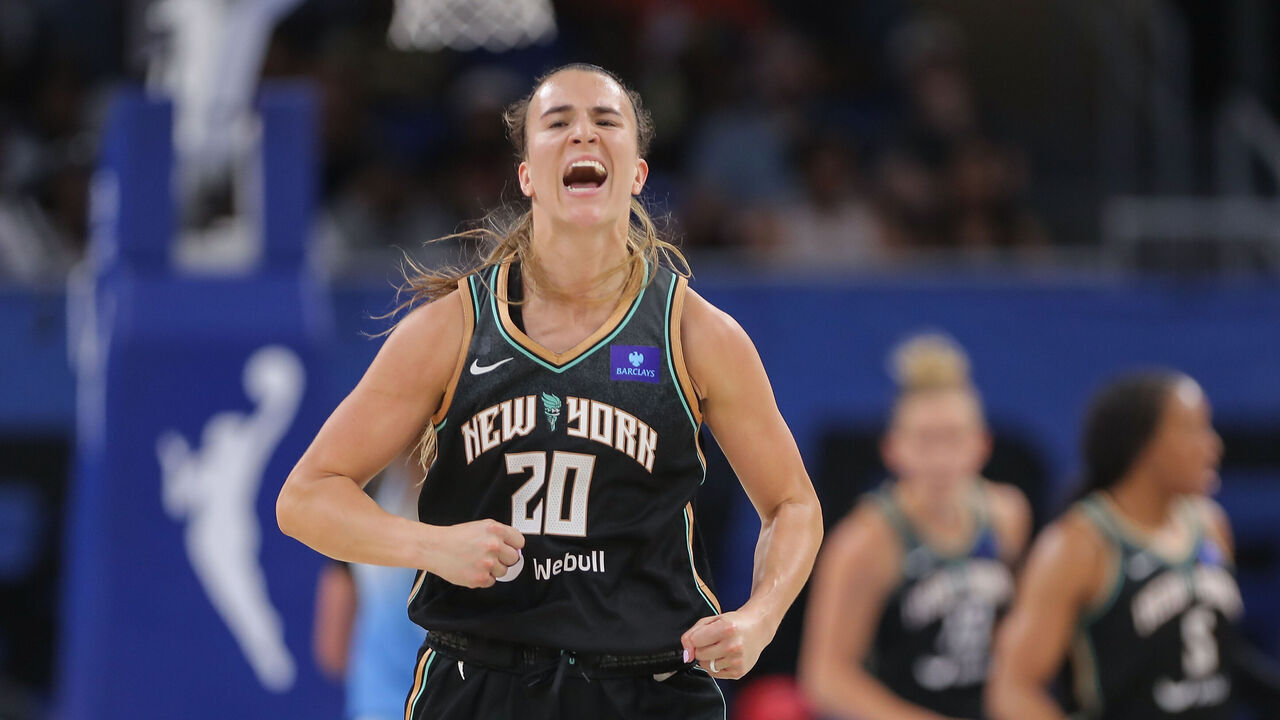 CHICAGO, IL - JULY 13: Sabrina Ionescu #20 of the New York Liberty reacts after a play during the second half against the Chicago Sky on July 13, 2024 at Wintrust Arena in Chicago, Illinois.