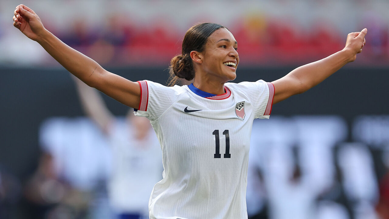 HARRISON, NJ - JULY 13: Sophia Smith #11 of United States celebrates after scoring during the second half of the Impact 99 presented by New York Life soccer game against Mexico on July 13, 2024 at Red Bull Arena in Harrison, New Jersey.
