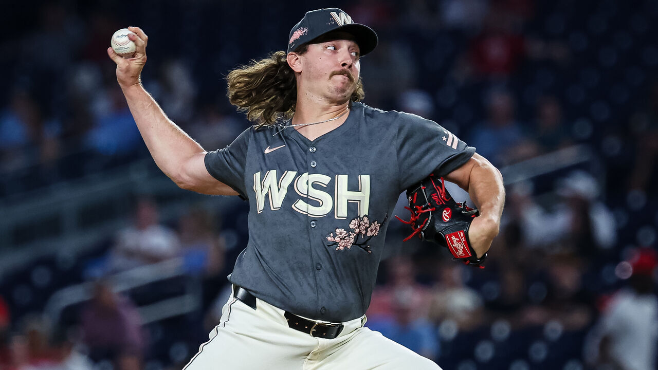 WASHINGTON, DC - JULY 05: Hunter Harvey #73 of the Washington Nationals pitches against the St. Louis Cardinals during the seventh inning at Nationals Park on July 5, 2024 in Washington, DC.