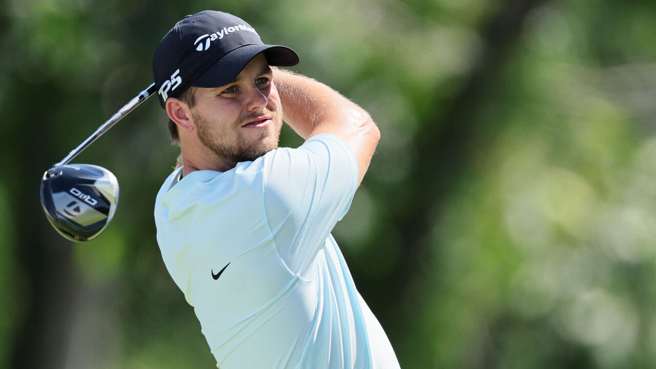 NICHOLASVILLE, KENTUCKY - JULY 13: Pierceson Coody of the United States plays his shot from the eighth tee during the third round of the Kentucky Championship at Keene Trace Golf Club on July 13, 2024 in Nicholasville, Kentucky.