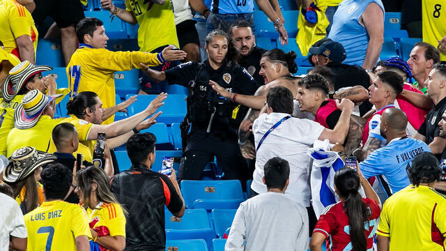 CHARLOTTE, NC - JULY 10: Uruguay forward Darwin Núñez (19) engages with hostile fans in the stands after the CONMEBOL Copa America semifinal between Uruguay and Colombia on Wednesday July 10, 2024 at Bank of America Stadium in Charlotte, NC.