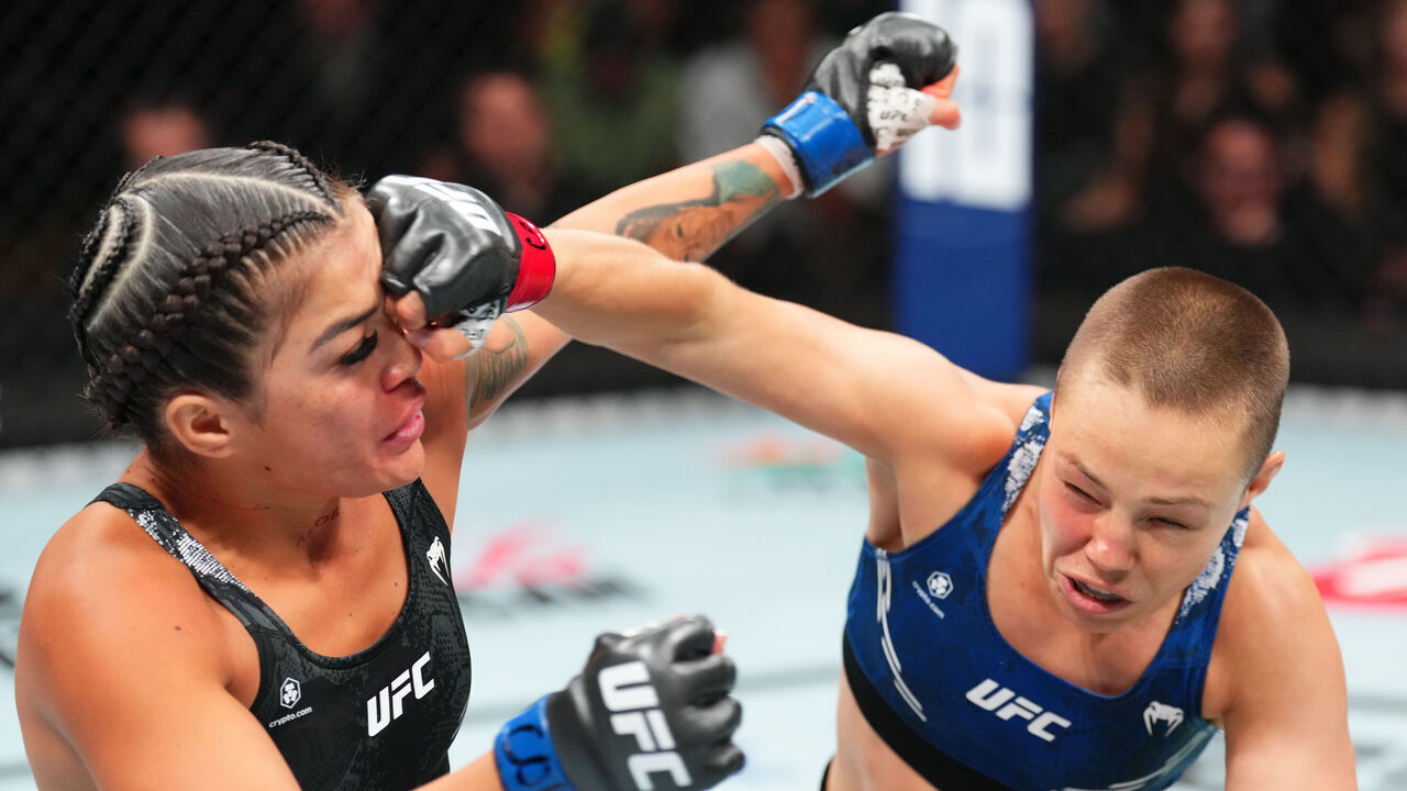 DENVER, COLORADO - JULY 13: (R-L) Rose Namajunas punches Tracy Cortez in a flyweight fight during the UFC Fight Night event at Ball Arena on July 13, 2024 in Denver, Colorado.