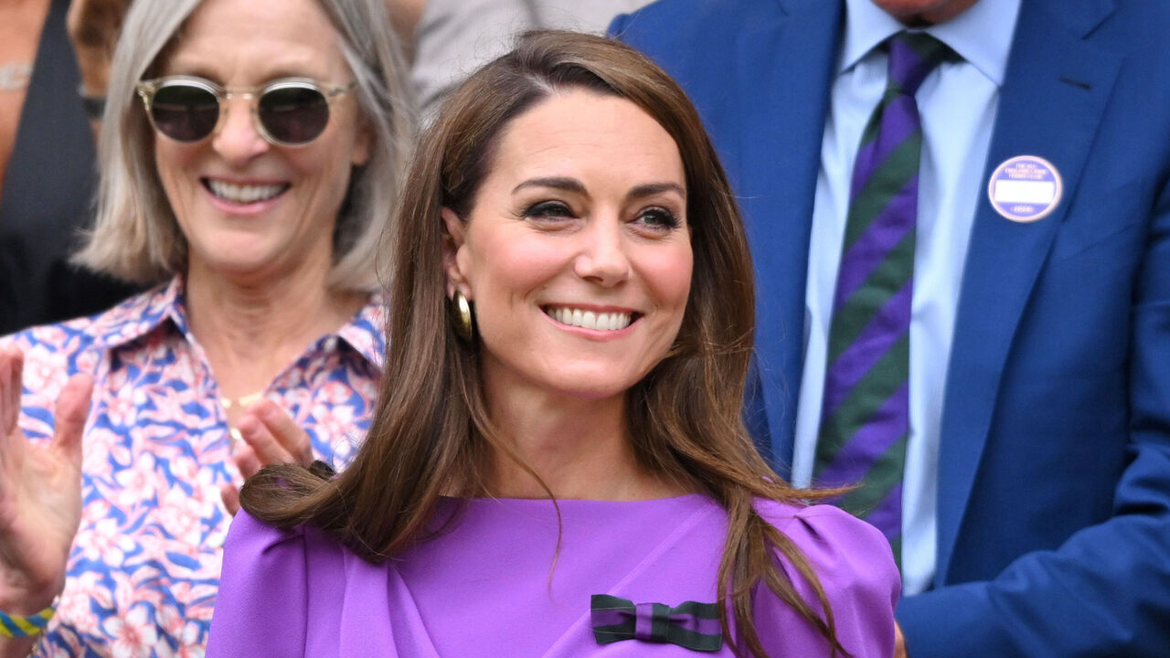 LONDON, ENGLAND - JULY 14: Catherine Princess of Wales court-side of Centre Court during the men's final on day fourteen of the Wimbledon Tennis Championships at the All England Lawn Tennis and Croquet Club on July 14, 2024 in London, England.