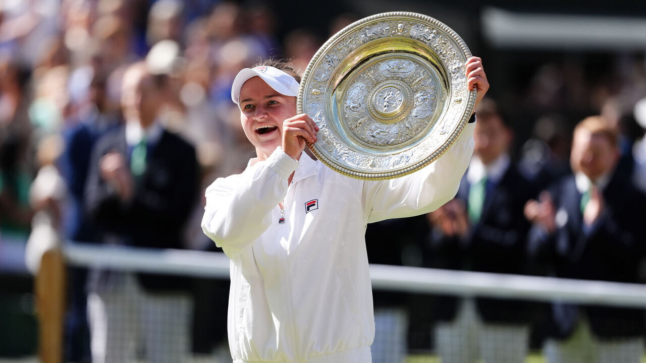 Barbora Krejcikova poses with the Venus Rosewater Dish after beating Jasmine Paolini in the Ladies Singles final on day thirteen of the 2024 Wimbledon Championships at the All England Lawn Tennis and Croquet Club, London. Picture date: Saturday July 13, 2024.
