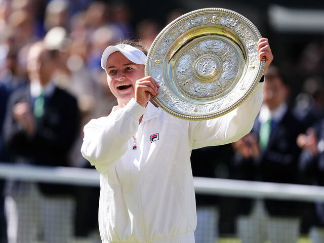 Barbora Krejcikova poses with the Venus Rosewater Dish after beating Jasmine Paolini in the Ladies Singles final on day thirteen of the 2024 Wimbledon Championships at the All England Lawn Tennis and Croquet Club, London. Picture date: Saturday July 13, 2024.