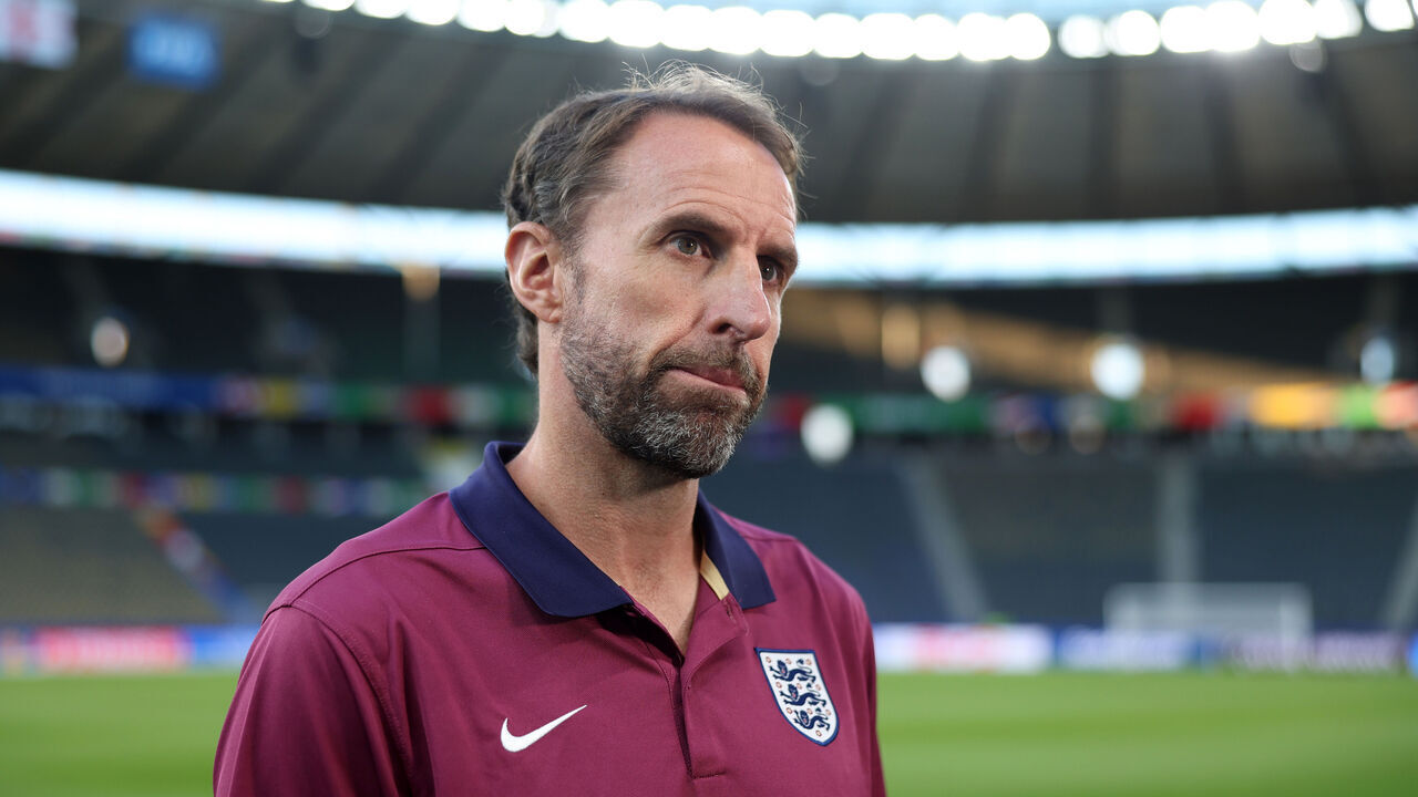 BERLIN, GERMANY - JULY 13: Gareth Southgate, Head Coach of England, speaks to the media prior to the England Press Conference ahead of the UEFA EURO 2024 final match between Spain and England at Olympiastadion Berlin on July 13, 2024 in Berlin, Germany.