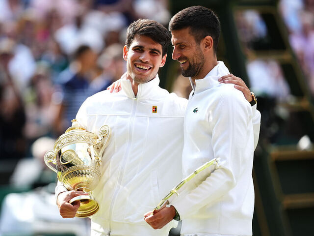 Carlos Alcaraz (left) with Novak Djokovic after the Gentlemen's Singles Final on day fourteen of the 2024 Wimbledon Championships at the All England Lawn Tennis and Croquet Club, London. Picture date: Sunday July 14, 2024.
