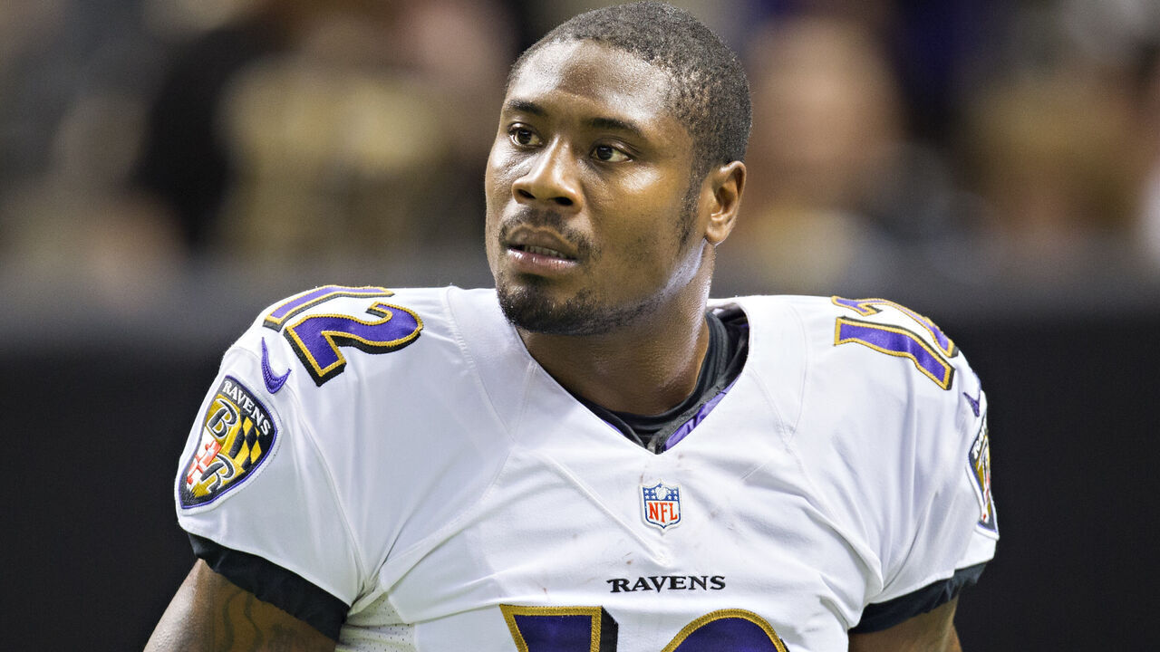 NEW ORLEANS, LA - NOVEMBER 24: Jacoby Jones #12 of the Baltimore Ravens warms up before a game against the New Orleans Saints at Mercedes-Benz Superdome on November 24, 2014 in New Orleans, Louisiana. The Ravens defeated the Saints 34-27.