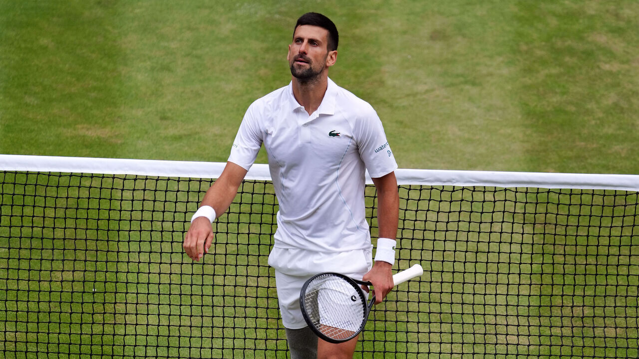 Novak Djokovic reacts during his match against Carlos Alcaraz in the Gentlemen's Singles final on day fourteen of the 2024 Wimbledon Championships at the All England Lawn Tennis and Croquet Club, London. Picture date: Sunday July 14, 2024.