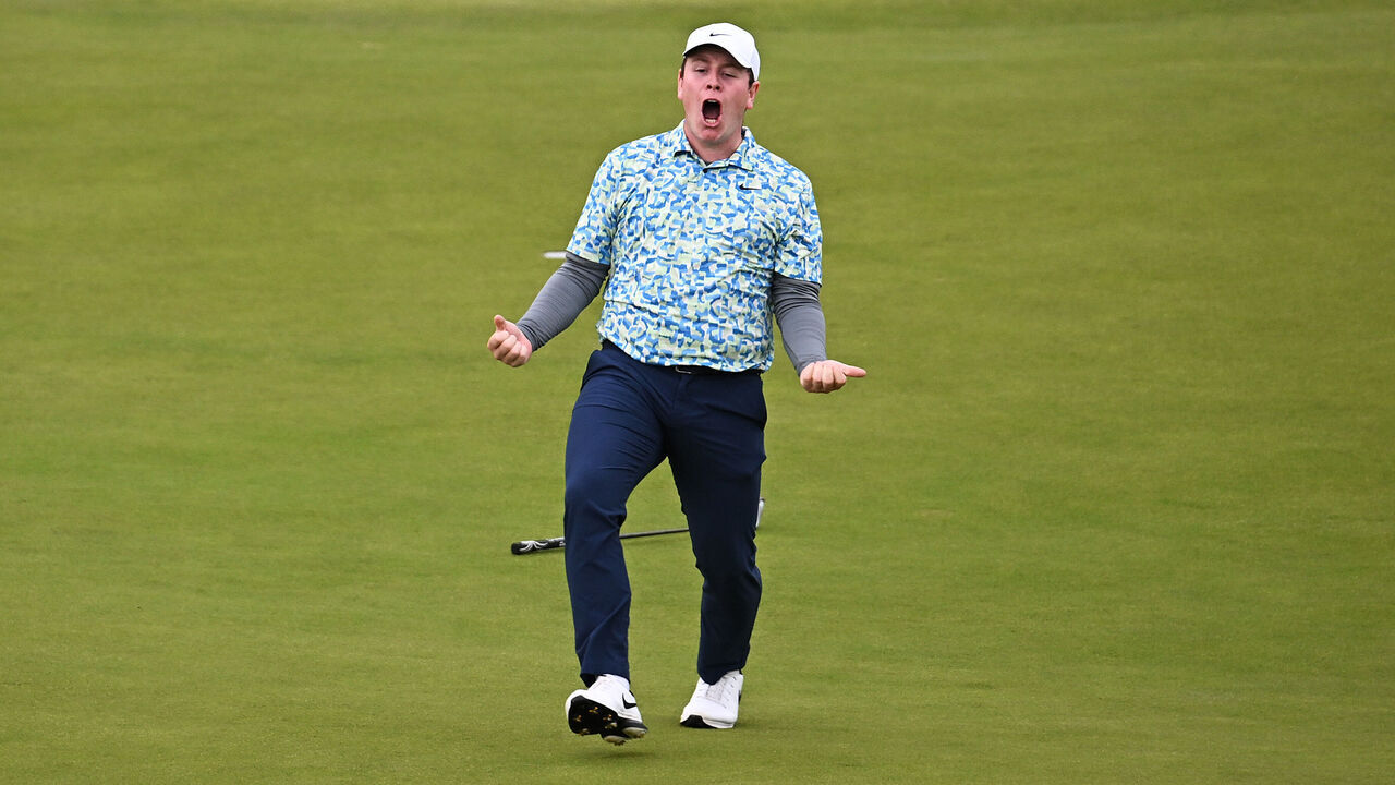 NORTH BERWICK, SCOTLAND - JULY 14: Robert MacIntyre of Scotland celebrates victory on the 18th green during day four of the Genesis Scottish Open at The Renaissance Club on July 14, 2024 in North Berwick, Scotland.