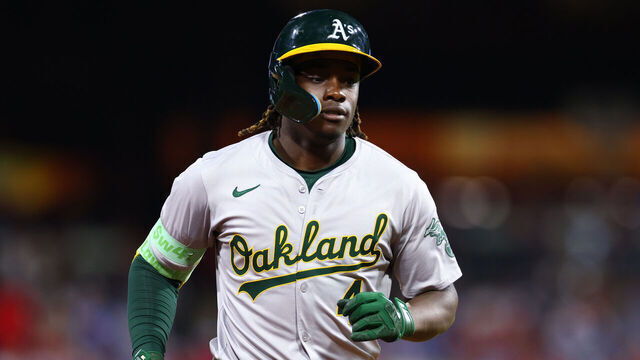 PHILADELPHIA, PENNSYLVANIA - JULY 12: Lawrence Butler #4 of the Oakland Athletics rounds the bases on his two-run home run against the Philadelphia Phillies in the eighth inning at Citizens Bank Park on July 12, 2024 in Philadelphia, Pennsylvania.