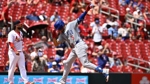 ST LOUIS, MISSOURI - JULY 14: Christopher Morel #5 of the Chicago Cubs reacts after hitting a two-run home run against the St. Louis Cardinals in the sixth inning at Busch Stadium on July 14, 2024 in St Louis, Missouri.