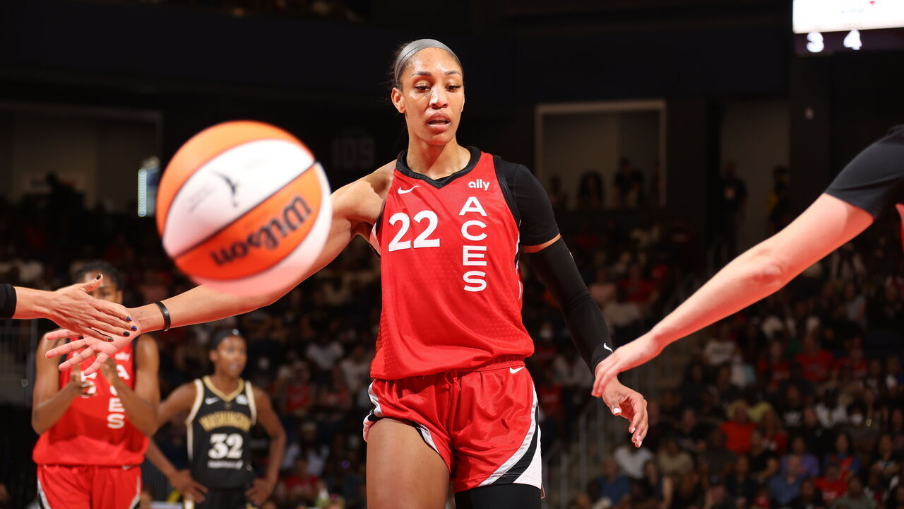 WASHINGTON, DC - JULY 14: A'ja Wilson #22 of the Las Vegas Aces looks on during the game against the Washington Mystics on July 14, 2024 at Capital One Arena in Washington, DC. Mandatory Copyright Notice: Copyright 2024 NBAE