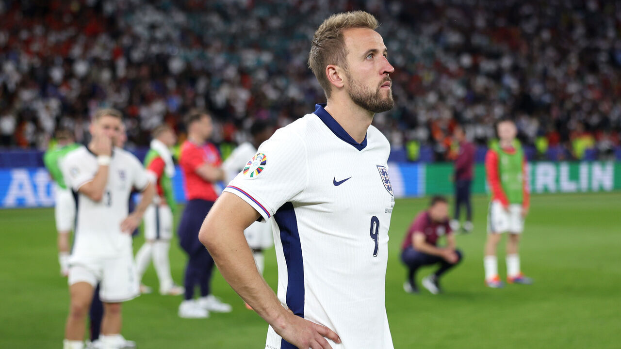 BERLIN, GERMANY - JULY 14: Harry Kane of England looks dejected as he reacts to defeat to Spain during the UEFA EURO 2024 final match between Spain and England at Olympiastadion on July 14, 2024 in Berlin, Germany.