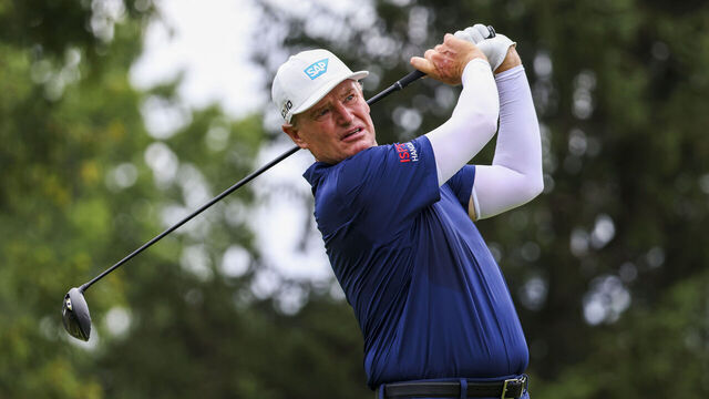 AKRON, OHIO - JULY 14: Ernie Els of South Africa hits a tee shot on the fourth hole during the final round of the Kaulig Companies Championship at Firestone Country Club on July 14, 2024 in Akron, Ohio.