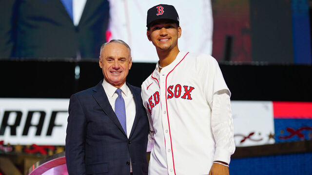 FORT WORTH, TX - JULY 14: Braden Montgomery poses for a photo with Major League Baseball commissioner Robert D. Manfred Jr. after being drafted by the Boston Red Sox with the 12th pick of the first round during the 2024 MLB Draft presented by Nike at Cowtown Coliseum on Sunday, July 14, 2024 in Fort Worth, Texas.