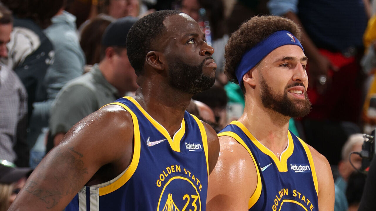 BOSTON, MA - JUNE 16: Draymond Green #23 and Klay Thompson #11 of the Golden State Warriors look on during Game Six of the 2022 NBA Finals on June 16, 2022 at TD Garden in Boston, Massachusetts. NOTE TO USER: User expressly acknowledges and agrees that, by downloading and or using this photograph, user is consenting to the terms and conditions of Getty Images License Agreement. Mandatory Copyright Notice: Copyright 2022 NBAE