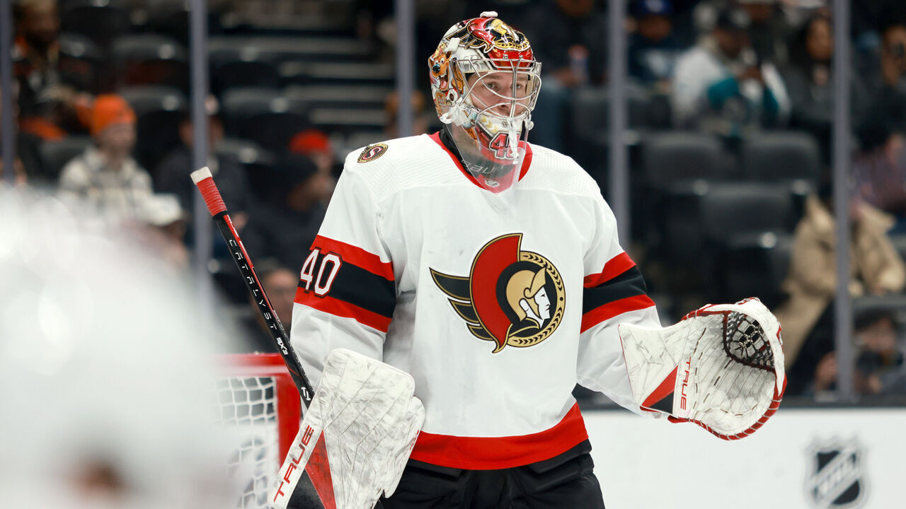 ANAHEIM, CALIFORNIA - MARCH 06: Mads Sogaard #40 of the Ottawa Senators defends the net in the second period during the game against the Anaheim Ducks at Honda Center on March 06, 2024 in Anaheim, California.