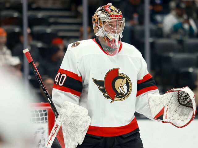 ANAHEIM, CALIFORNIA - MARCH 06: Mads Sogaard #40 of the Ottawa Senators defends the net in the second period during the game against the Anaheim Ducks at Honda Center on March 06, 2024 in Anaheim, California.