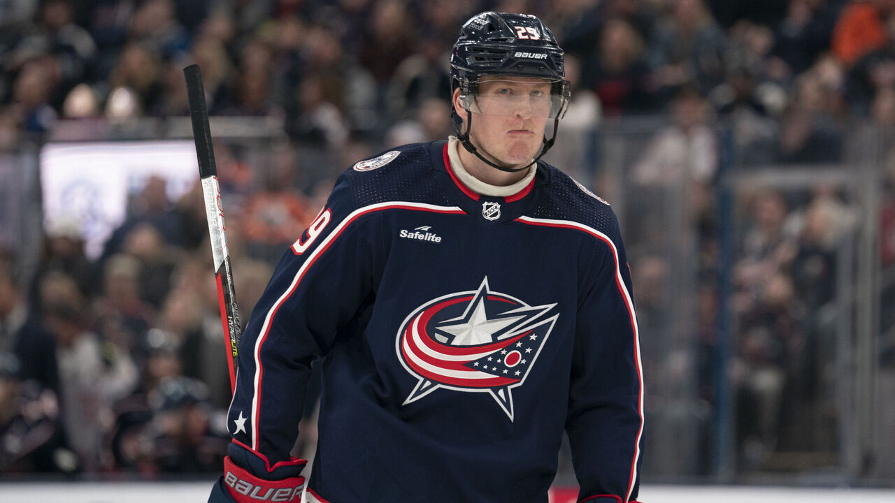 COLUMBUS, OH - FEBRUARY 25: Columbus Blue Jackets left wing Patrik Laine #29 looks on during the game between the Columbus Blue Jackets and the Edmonton Oilers at Nationwide Arena in Columbus, Ohio on February 25, 2023.