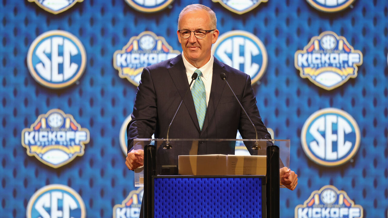 DALLAS, TEXAS - JULY 15: SEC Commissioner Greg Sankey speaks during SEC Football Media Days at Omni Dallas Hotel on July 15, 2024 in Dallas, Texas.