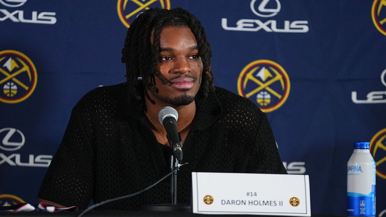 DENVER, CO - JULY 1: The Denver Nuggets introduce Daron Holmes II during a press conference on July 1, 2024 at the Ball Arena in Denver, Colorado. NOTE TO USER: User expressly acknowledges and agrees that, by downloading and/or using this Photograph, user is consenting to the terms and conditions of the Getty Images License Agreement. Mandatory Copyright Notice: Copyright 2024 NBAE