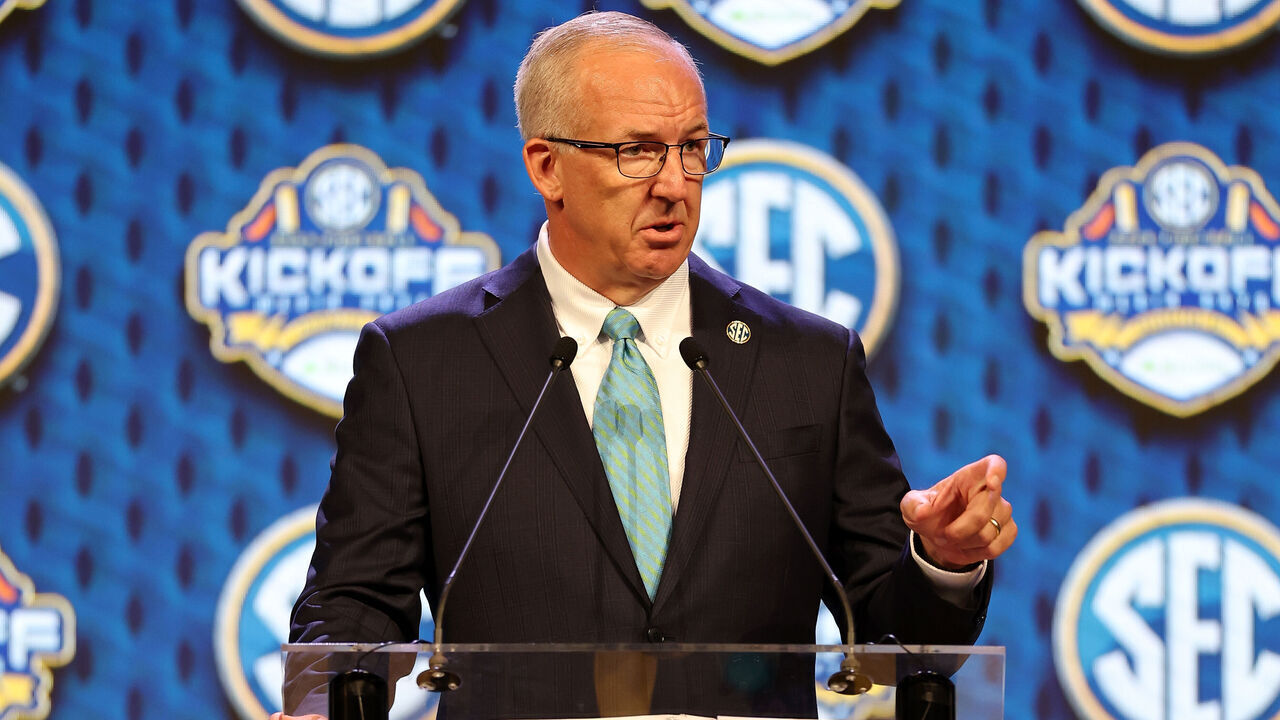 DALLAS, TEXAS - JULY 15: SEC Commissioner Greg Sankey speaks during SEC Football Media Days at Omni Dallas Hotel on July 15, 2024 in Dallas, Texas.