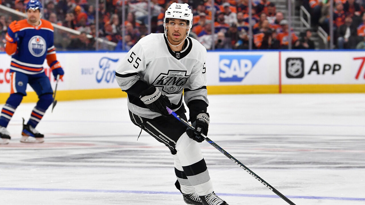 EDMONTON, CANADA - APRIL 24: Quinton Byfield #55 of the Los Angeles Kings in action during Game Two of the First Round of the 2024 Stanley Cup Playoffs against the Edmonton Oilers at Rogers Place on April 24, 2024, in Edmonton, Alberta, Canada.