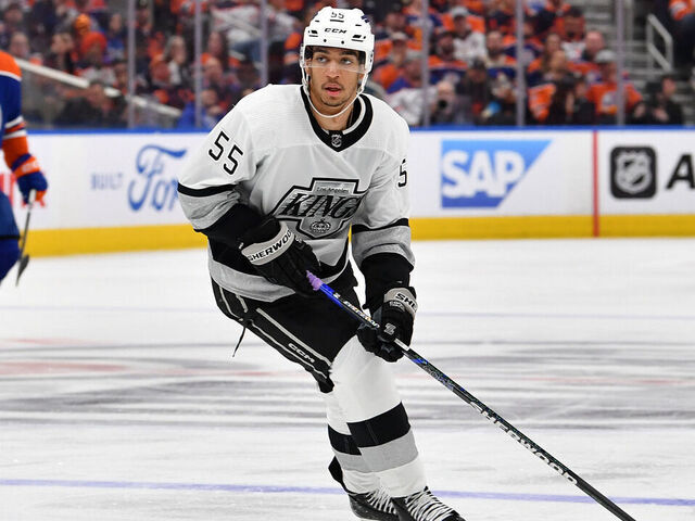 EDMONTON, CANADA - APRIL 24: Quinton Byfield #55 of the Los Angeles Kings in action during Game Two of the First Round of the 2024 Stanley Cup Playoffs against the Edmonton Oilers at Rogers Place on April 24, 2024, in Edmonton, Alberta, Canada.