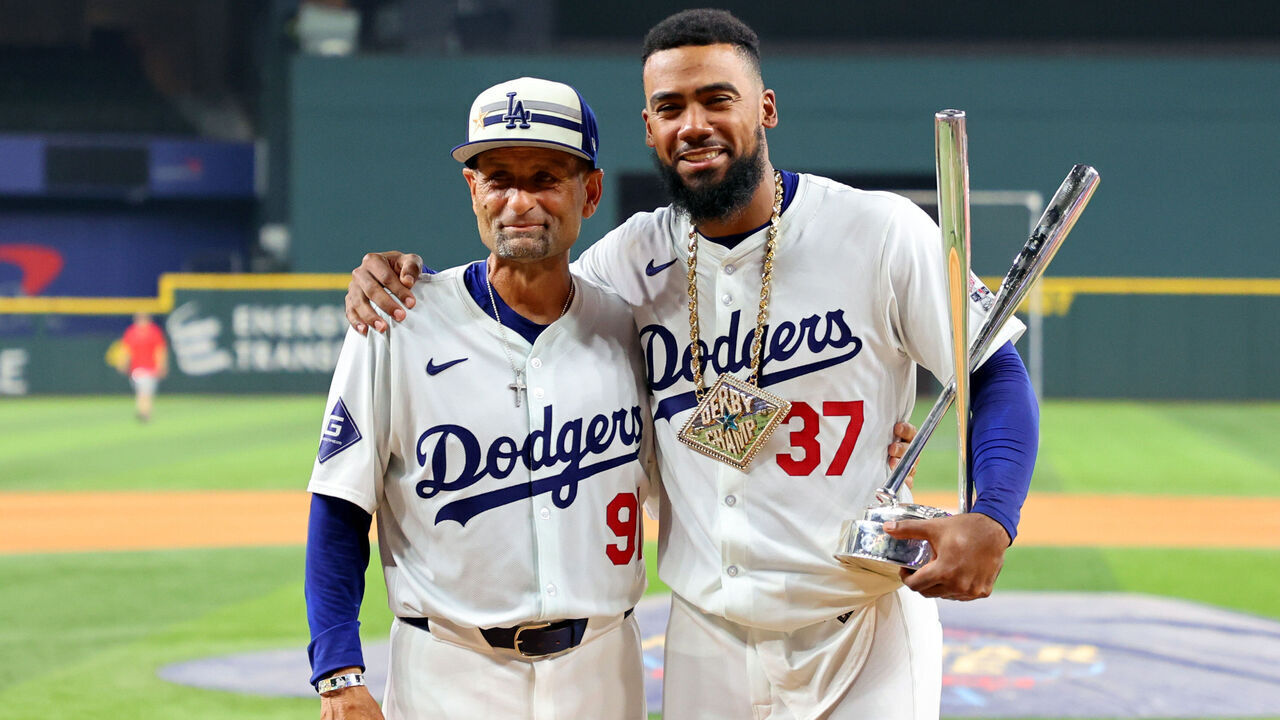 ARLINGTON, TEXAS - JULY 15: Teoscar Hernández #37 of the Los Angeles Dodgers poses with the trophy and Dino Ebel #91 after winning the T-Mobile Home Run Derby at Globe Life Field on July 15, 2024 in Arlington, Texas.