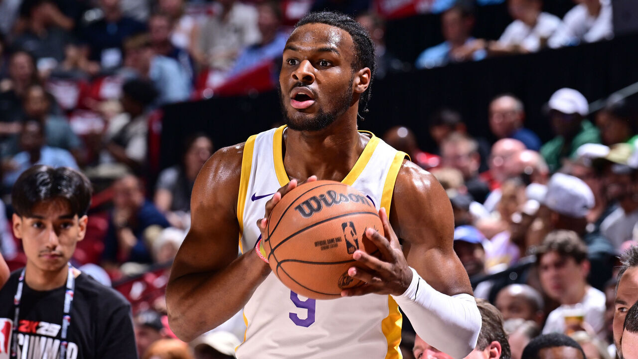 LAS VEGAS, NV - JULY 15: Bronny James Jr. #9 of the Los Angeles Lakers looks to pass the ball during the game against the Boston Celtics on July 15, 2024 at the Thomas & Mack Center in Las Vegas, Nevada. Mandatory Copyright Notice: Copyright 2024 NBAE