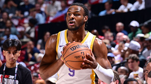 LAS VEGAS, NV - JULY 15: Bronny James Jr. #9 of the Los Angeles Lakers looks to pass the ball during the game against the Boston Celtics on July 15, 2024 at the Thomas & Mack Center in Las Vegas, Nevada. Mandatory Copyright Notice: Copyright 2024 NBAE