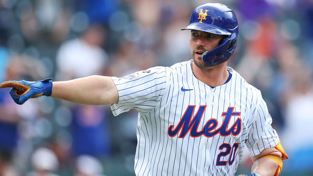 NEW YORK, NEW YORK - JULY 14: Pete Alonso #20 of the New York Mets reacts after a two-run home run against the Colorado Rockies during the fourth inning at Citi Field on July 14, 2024 in the Queens borough of New York City.