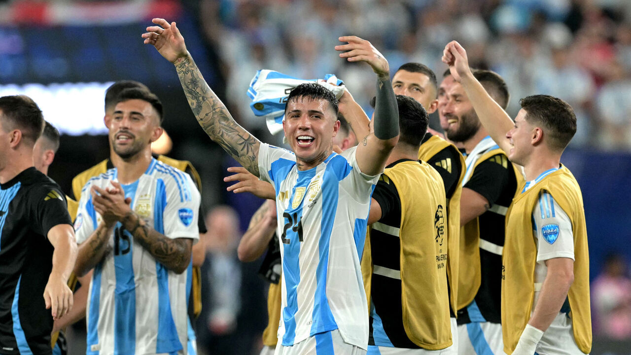 Argentina's midfielder #24 Enzo Fernandez celebrates his team's victory in the Conmebol 2024 Copa America tournament semi-final football match between Argentina and Canada at MetLife Stadium, in East Rutherford, New Jersey on July 9, 2024.