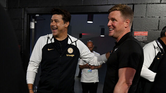 ATLANTA, GEORGIA - JULY 25: Mauricio Pochettino of Chelsea and Eddie Howe of Newcastle Utd after a press conference at Mercedes-Benz Stadium on July 25, 2023 in Atlanta, Georgia.