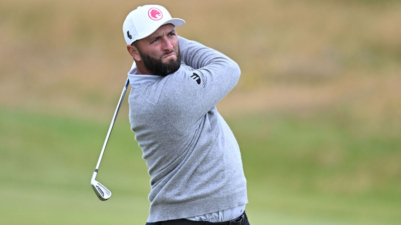 TROON, SCOTLAND - JULY 16: Jon Rahm of Spain plays a shot during a practice round prior to The 152nd Open championship at Royal Troon on July 16, 2024 in Troon, Scotland.