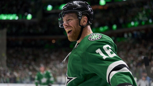DALLAS, TEXAS - MAY 05: Joe Pavelski #16 of the Dallas Stars celebrates after a goal against the Vegas Golden Knights in Game Seven of the First Round of the 2024 Stanley Cup Playoffs at the American Airlines Center on May 5, 2024 in Dallas, Texas.