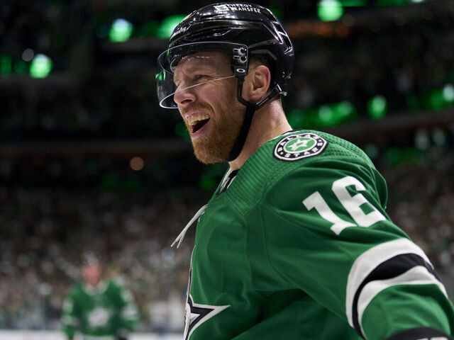 DALLAS, TEXAS - MAY 05: Joe Pavelski #16 of the Dallas Stars celebrates after a goal against the Vegas Golden Knights in Game Seven of the First Round of the 2024 Stanley Cup Playoffs at the American Airlines Center on May 5, 2024 in Dallas, Texas.